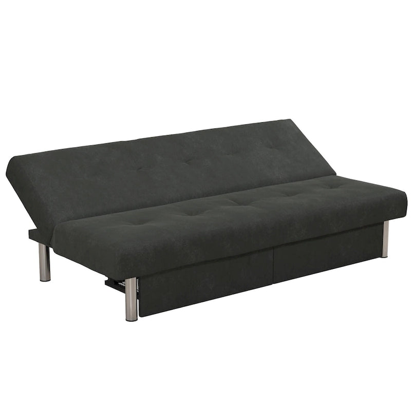 Futon de rangement capitonné en microfibre noir/gris/bleu avec dossier multi-positions et pieds chromés – Peut asseoir 2 à 3 personnes
