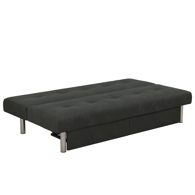 Futon de rangement capitonné en microfibre noir/gris/bleu avec dossier multi-positions et pieds chromés – Peut asseoir 2 à 3 personnes