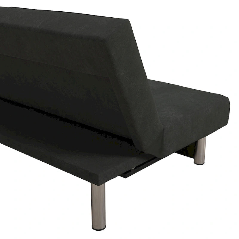 Futon de rangement capitonné en microfibre noir/gris/bleu avec dossier multi-positions et pieds chromés – Peut asseoir 2 à 3 personnes
