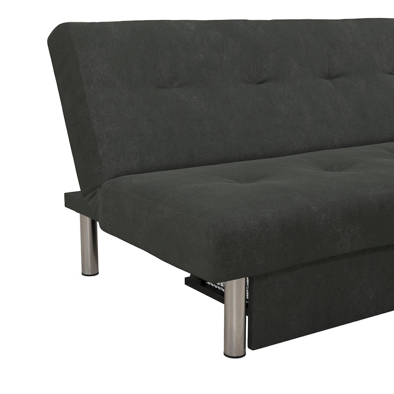Futon de rangement capitonné en microfibre noir/gris/bleu avec dossier multi-positions et pieds chromés – Peut asseoir 2 à 3 personnes