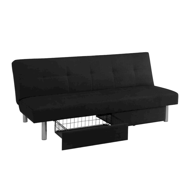 Futon de rangement capitonné en microfibre noir/gris/bleu avec dossier multi-positions et pieds chromés – Peut asseoir 2 à 3 personnes