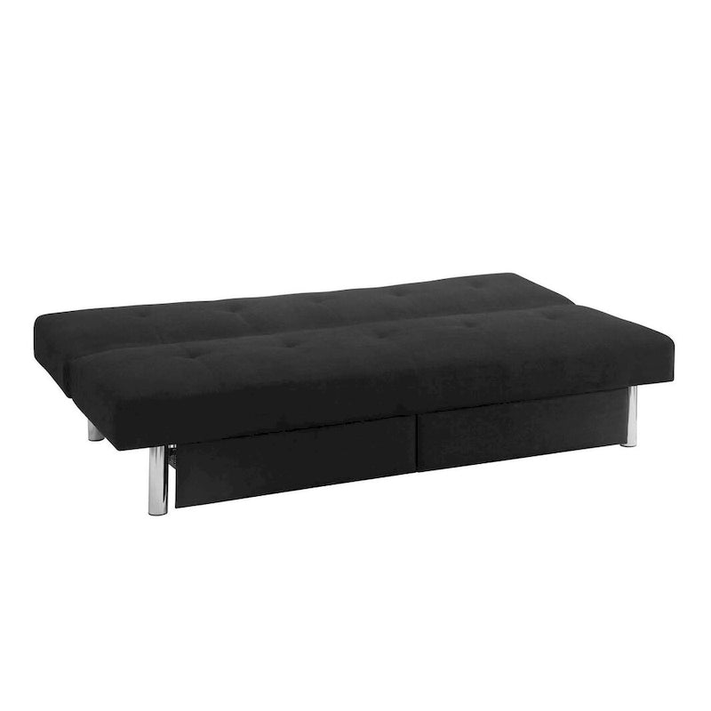 Futon de rangement capitonné en microfibre noir/gris/bleu avec dossier multi-positions et pieds chromés – Peut asseoir 2 à 3 personnes
