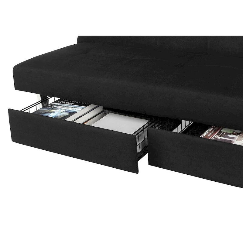 Futon de rangement capitonné en microfibre noir/gris/bleu avec dossier multi-positions et pieds chromés – Peut asseoir 2 à 3 personnes
