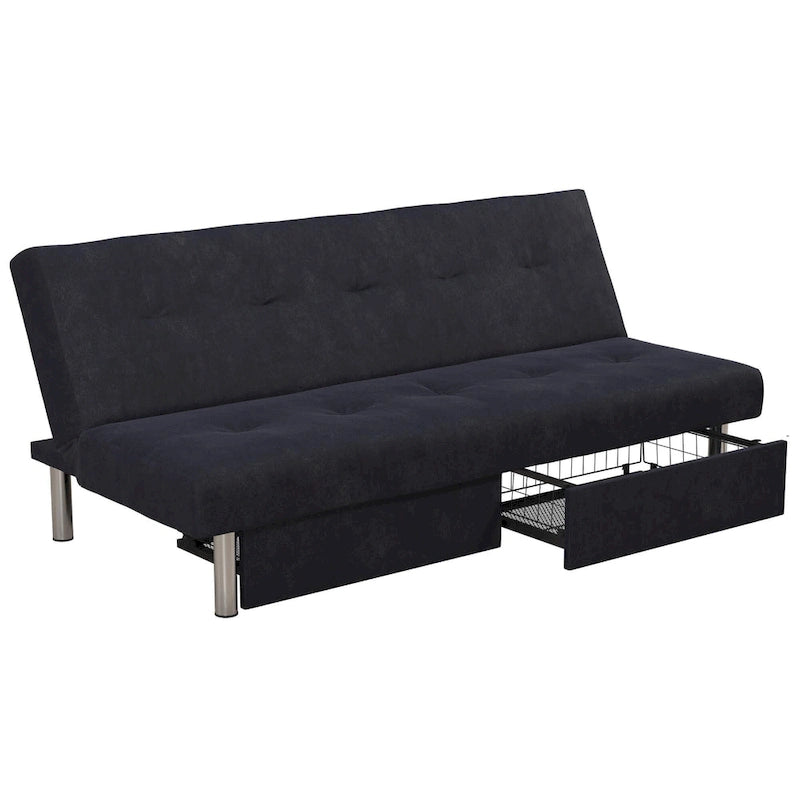 Futon de rangement capitonné en microfibre noir/gris/bleu avec dossier multi-positions et pieds chromés – Peut asseoir 2 à 3 personnes
