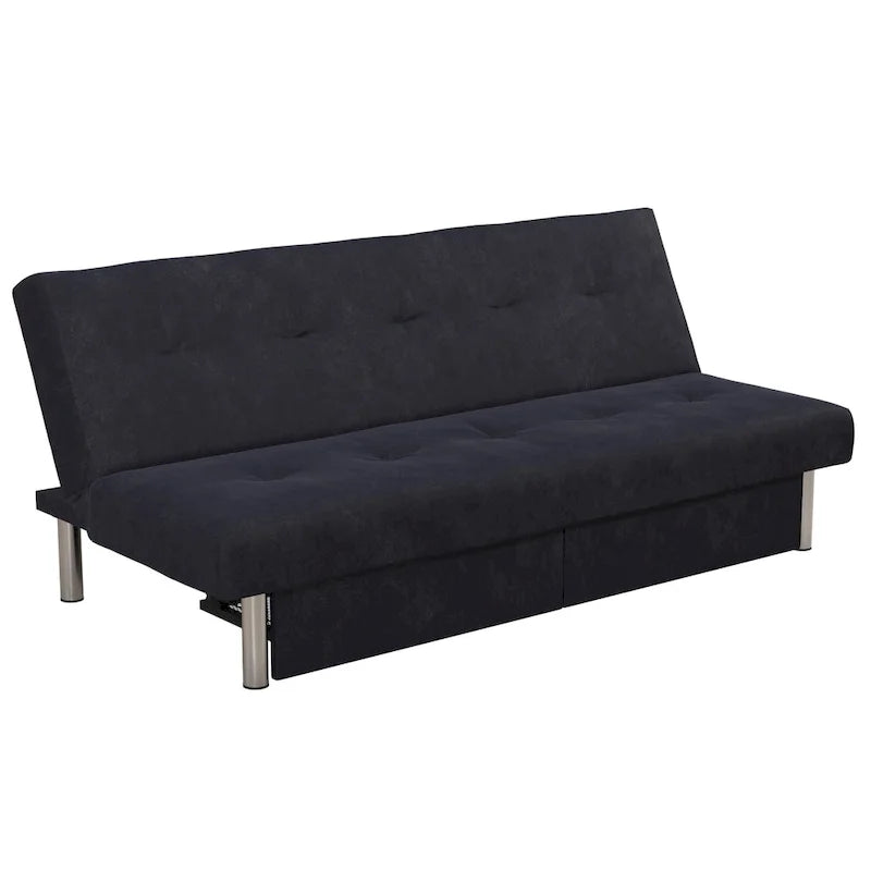 Futon de rangement capitonné en microfibre noir/gris/bleu avec dossier multi-positions et pieds chromés – Peut asseoir 2 à 3 personnes