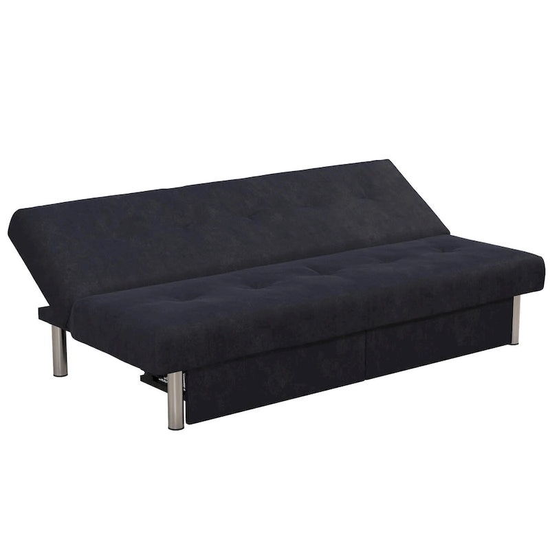 Futon de rangement capitonné en microfibre noir/gris/bleu avec dossier multi-positions et pieds chromés – Peut asseoir 2 à 3 personnes