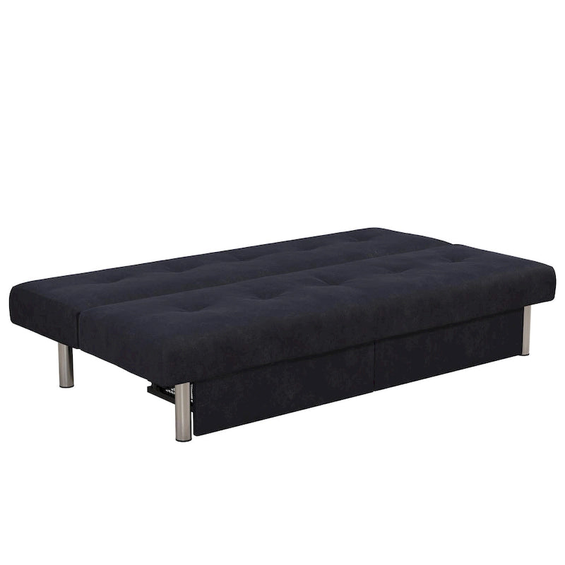 Futon de rangement capitonné en microfibre noir/gris/bleu avec dossier multi-positions et pieds chromés – Peut asseoir 2 à 3 personnes