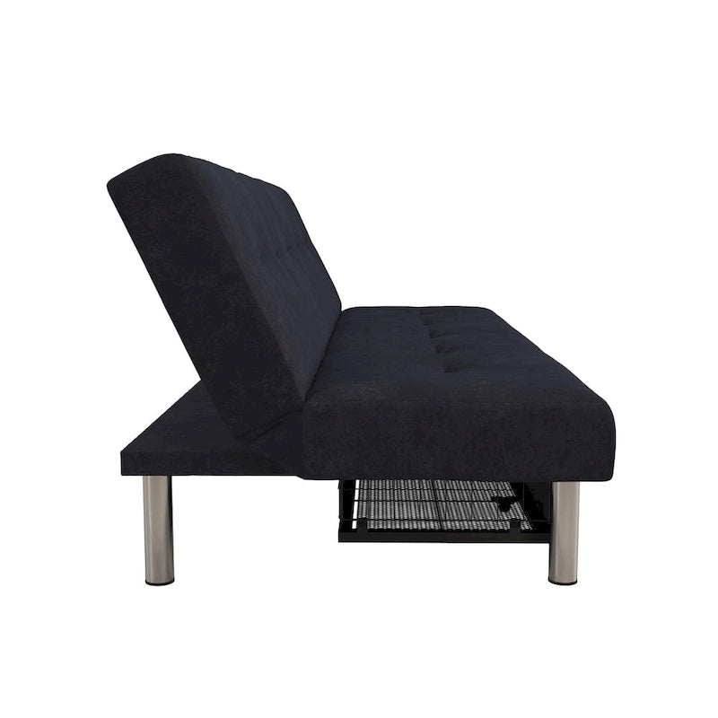 Futon de rangement capitonné en microfibre noir/gris/bleu avec dossier multi-positions et pieds chromés – Peut asseoir 2 à 3 personnes