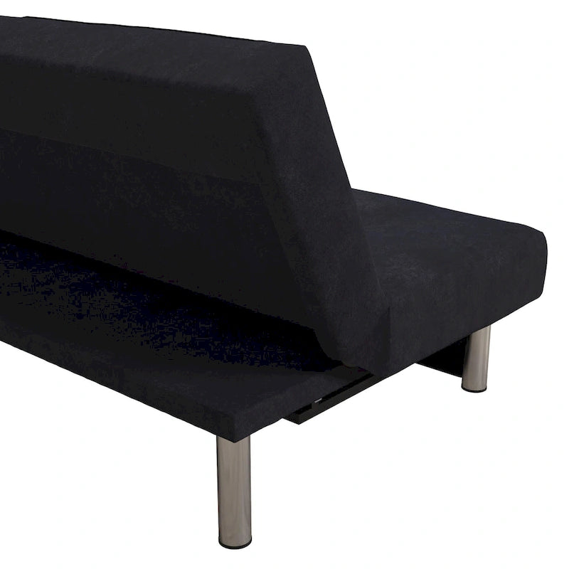 Futon de rangement capitonné en microfibre noir/gris/bleu avec dossier multi-positions et pieds chromés – Peut asseoir 2 à 3 personnes
