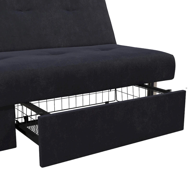 Futon de rangement capitonné en microfibre noir/gris/bleu avec dossier multi-positions et pieds chromés – Peut asseoir 2 à 3 personnes