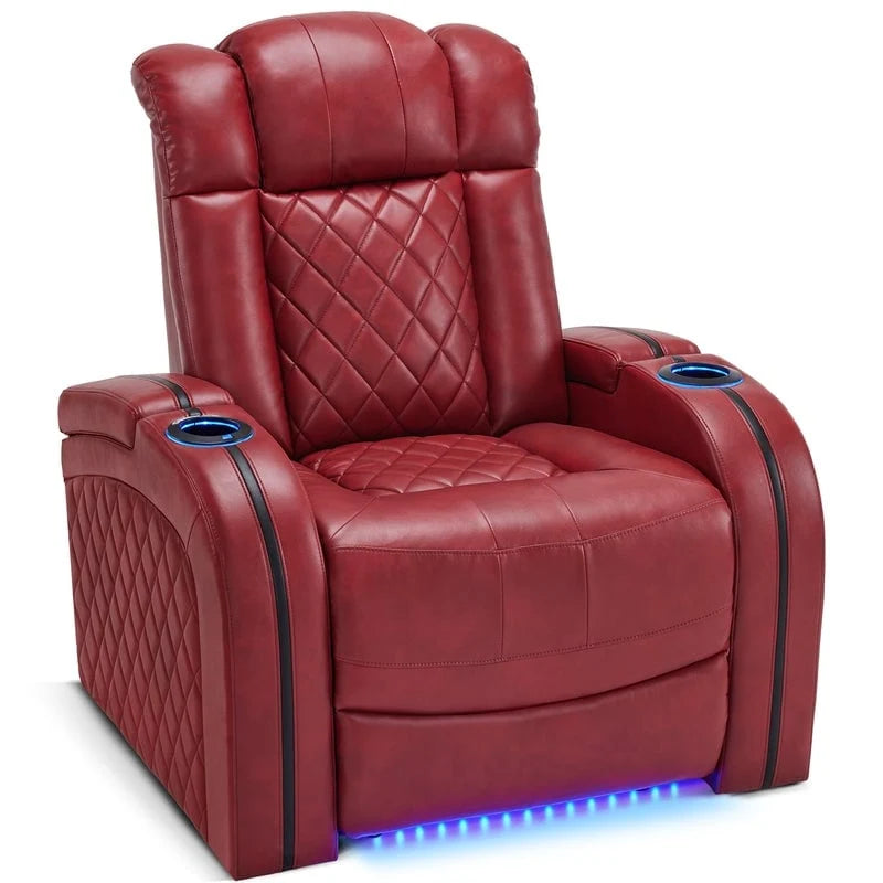 Fauteuil inclinable électrique en cuir respirant Bourgogne / Beige / Noir avec appuie-tête réglable, éclairage LED et port USB – Monoplace