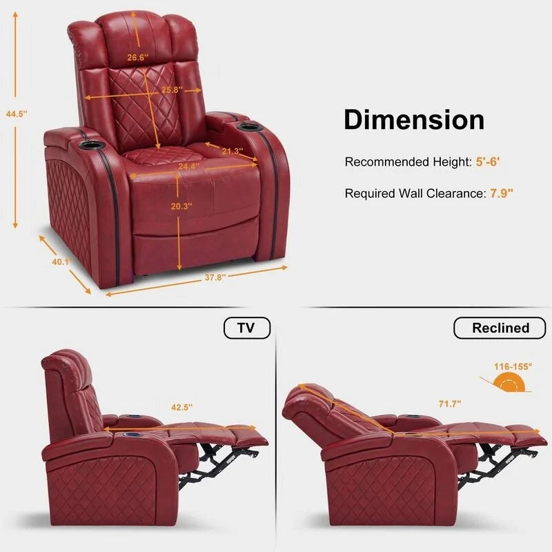 Fauteuil inclinable électrique en cuir respirant Bourgogne / Beige / Noir avec appuie-tête réglable, éclairage LED et port USB – Monoplace
