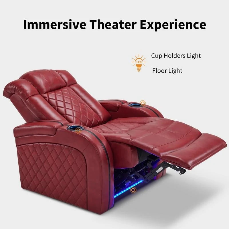 Fauteuil inclinable électrique en cuir respirant Bourgogne / Beige / Noir avec appuie-tête réglable, éclairage LED et port USB – Monoplace