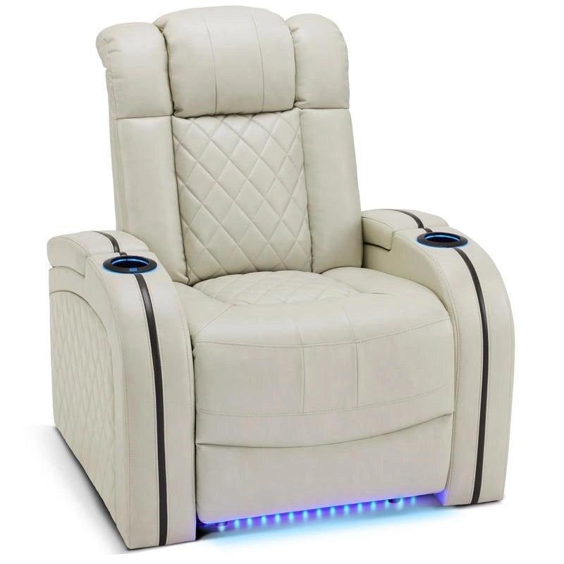 Fauteuil inclinable électrique en cuir respirant Bourgogne / Beige / Noir avec appuie-tête réglable, éclairage LED et port USB – Monoplace
