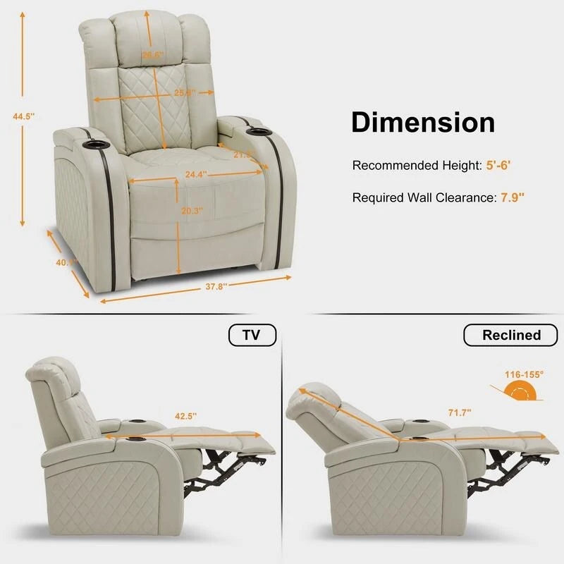 Fauteuil inclinable électrique en cuir respirant Bourgogne / Beige / Noir avec appuie-tête réglable, éclairage LED et port USB – Monoplace