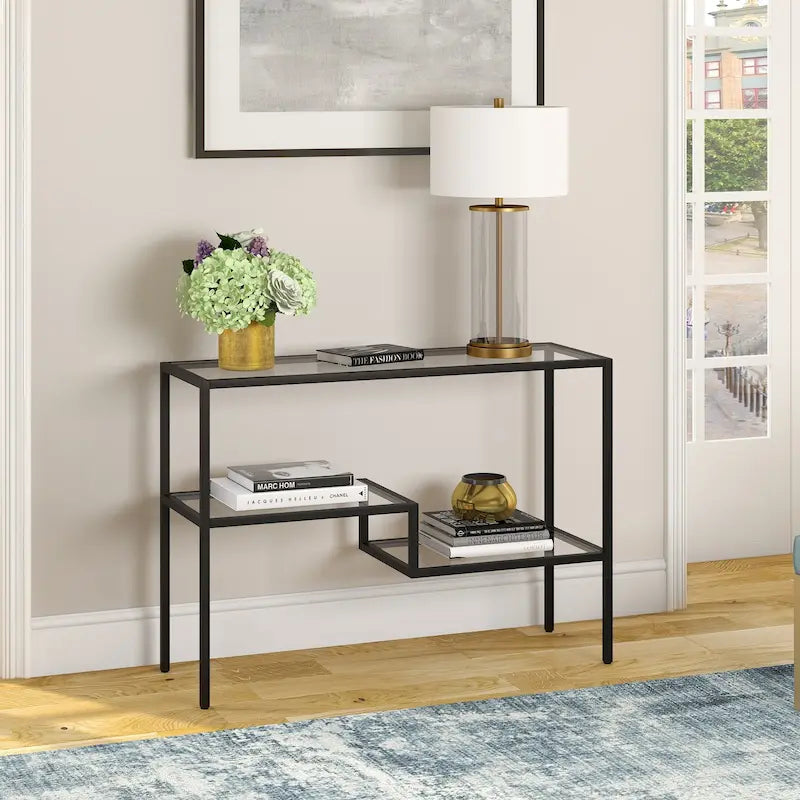 Console en acier moderne bronze noirci / laiton / nickel satiné avec plateau en verre trempé et étagère à 2 niveaux – Unité unique