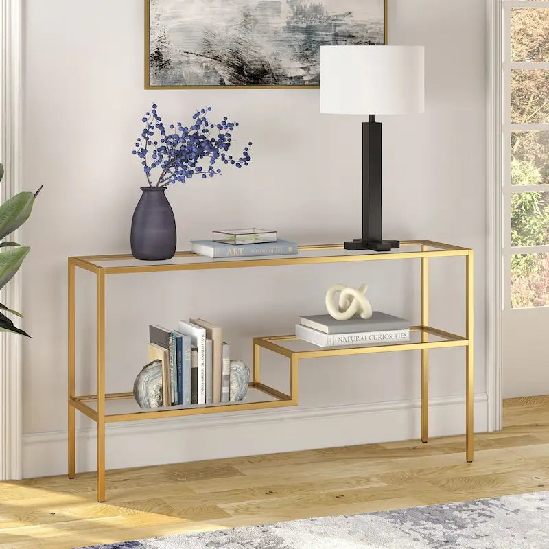 Console en acier moderne bronze noirci / laiton / nickel satiné avec plateau en verre trempé et étagère à 2 niveaux – Unité unique