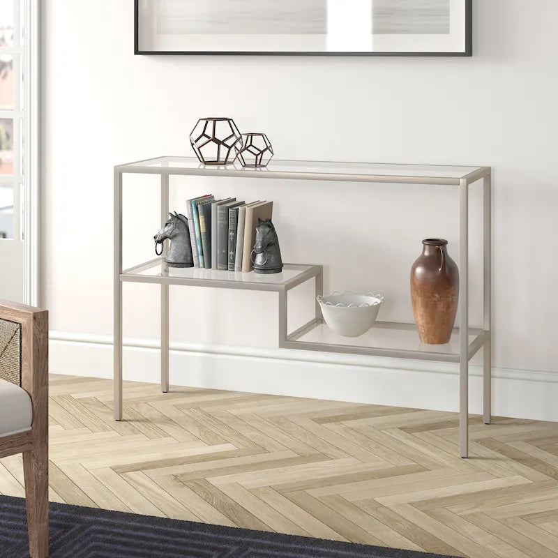 Console en acier moderne bronze noirci / laiton / nickel satiné avec plateau en verre trempé et étagère à 2 niveaux – Unité unique