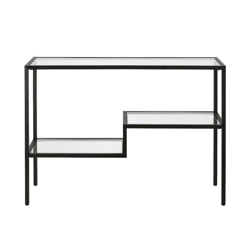 Console en acier moderne bronze noirci / laiton / nickel satiné avec plateau en verre trempé et étagère à 2 niveaux – Unité unique