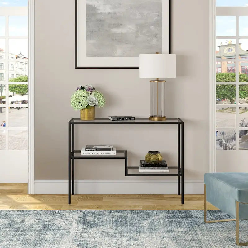 Console en acier moderne bronze noirci / laiton / nickel satiné avec plateau en verre trempé et étagère à 2 niveaux – Unité unique