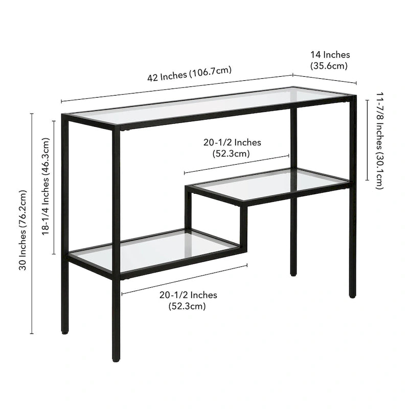 Console en acier moderne bronze noirci / laiton / nickel satiné avec plateau en verre trempé et étagère à 2 niveaux – Unité unique
