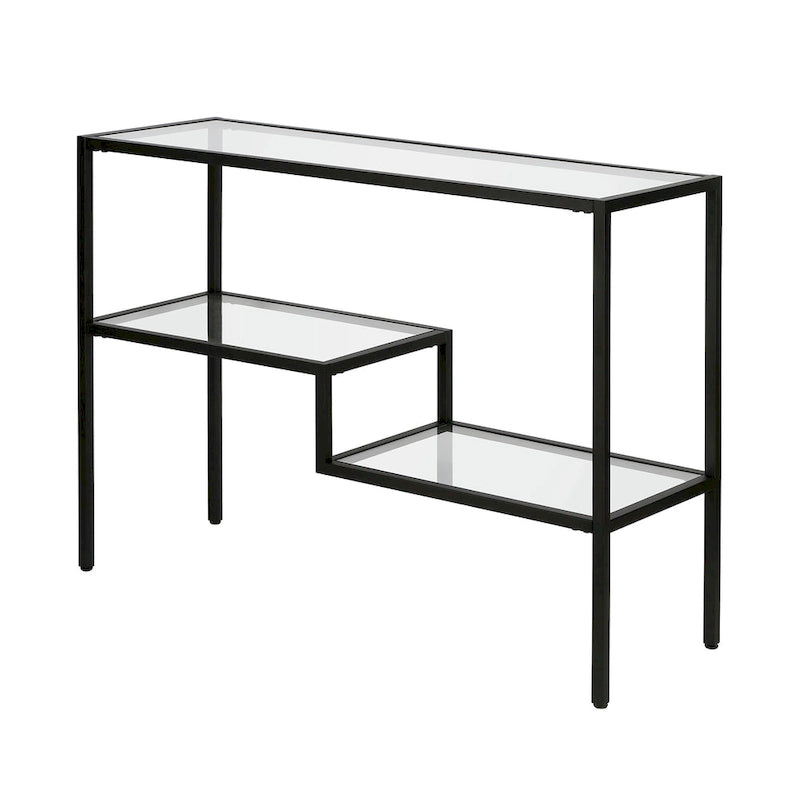 Console en acier moderne bronze noirci / laiton / nickel satiné avec plateau en verre trempé et étagère à 2 niveaux – Unité unique