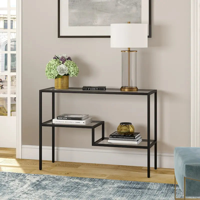 Console en acier moderne bronze noirci / laiton / nickel satiné avec plateau en verre trempé et étagère à 2 niveaux – Unité unique