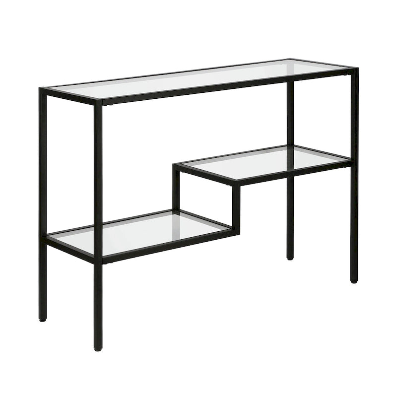 Console en acier moderne bronze noirci / laiton / nickel satiné avec plateau en verre trempé et étagère à 2 niveaux – Unité unique