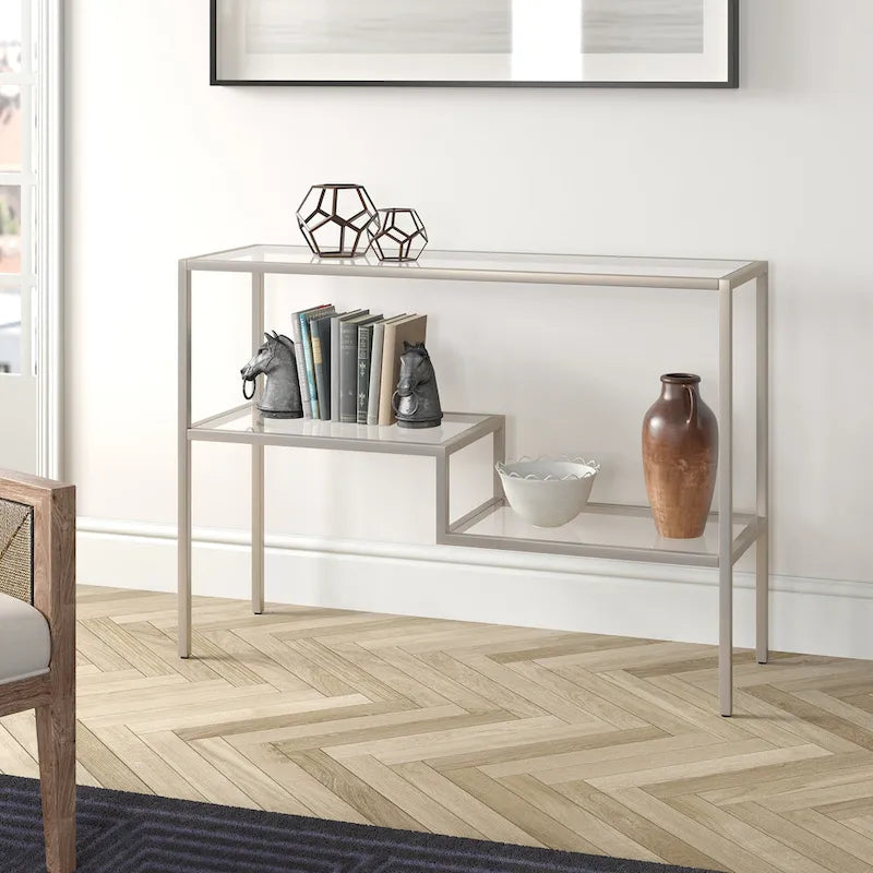 Console en acier moderne bronze noirci / laiton / nickel satiné avec plateau en verre trempé et étagère à 2 niveaux – Unité unique