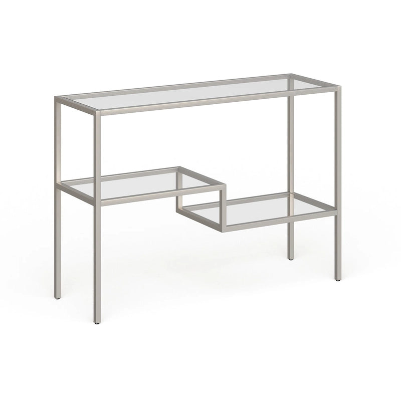 Console en acier moderne bronze noirci / laiton / nickel satiné avec plateau en verre trempé et étagère à 2 niveaux – Unité unique