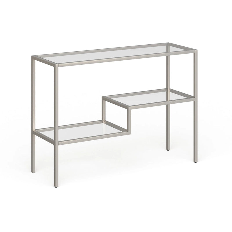 Console en acier moderne bronze noirci / laiton / nickel satiné avec plateau en verre trempé et étagère à 2 niveaux – Unité unique