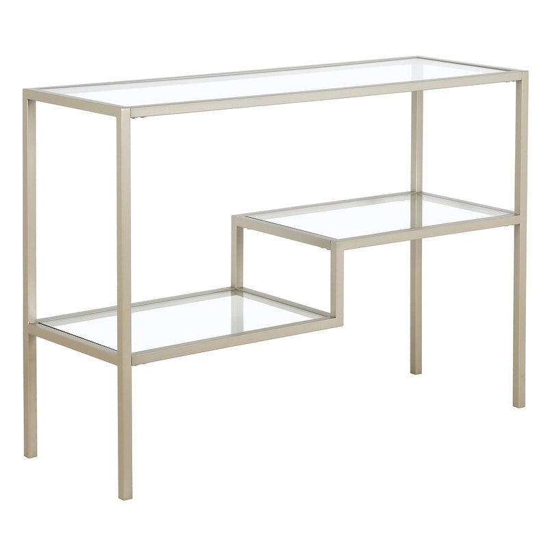 Console en acier moderne bronze noirci / laiton / nickel satiné avec plateau en verre trempé et étagère à 2 niveaux – Unité unique
