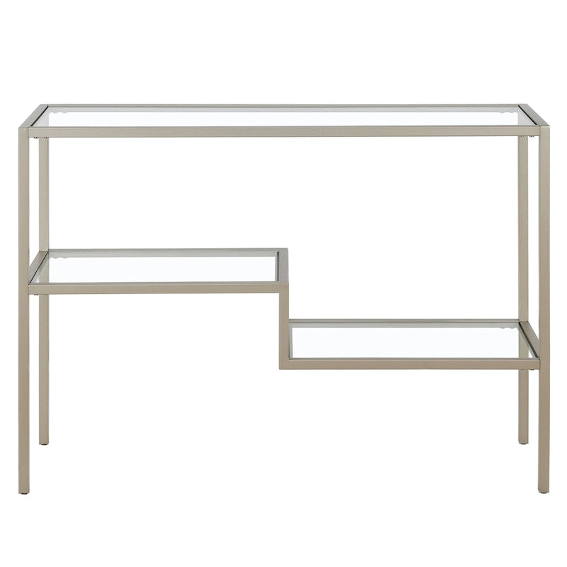 Console en acier moderne bronze noirci / laiton / nickel satiné avec plateau en verre trempé et étagère à 2 niveaux – Unité unique
