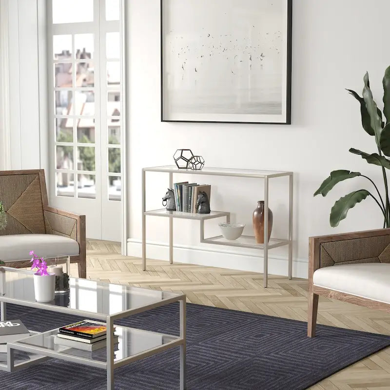 Console en acier moderne bronze noirci / laiton / nickel satiné avec plateau en verre trempé et étagère à 2 niveaux – Unité unique