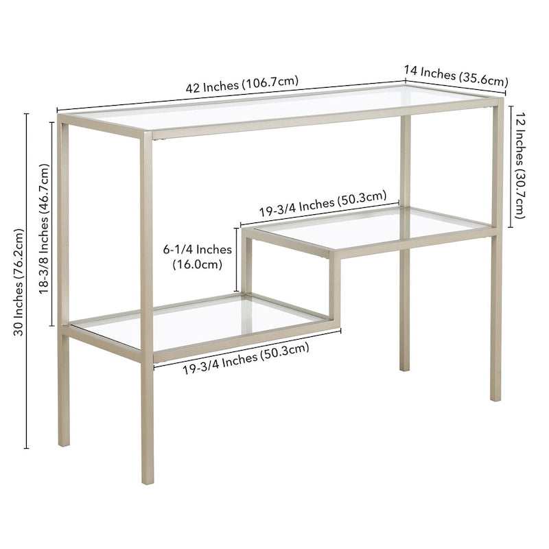 Console en acier moderne bronze noirci / laiton / nickel satiné avec plateau en verre trempé et étagère à 2 niveaux – Unité unique