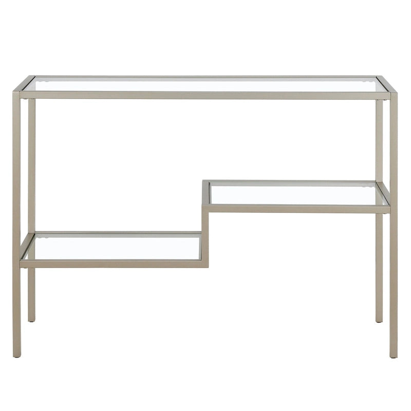 Console en acier moderne bronze noirci / laiton / nickel satiné avec plateau en verre trempé et étagère à 2 niveaux – Unité unique