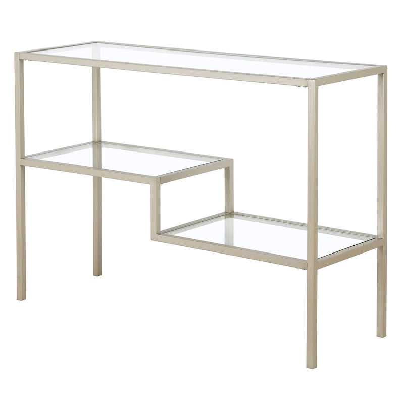 Console en acier moderne bronze noirci / laiton / nickel satiné avec plateau en verre trempé et étagère à 2 niveaux – Unité unique