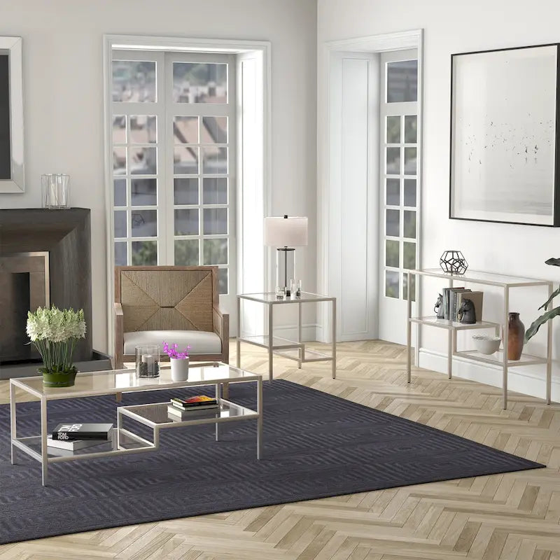 Console en acier moderne bronze noirci / laiton / nickel satiné avec plateau en verre trempé et étagère à 2 niveaux – Unité unique