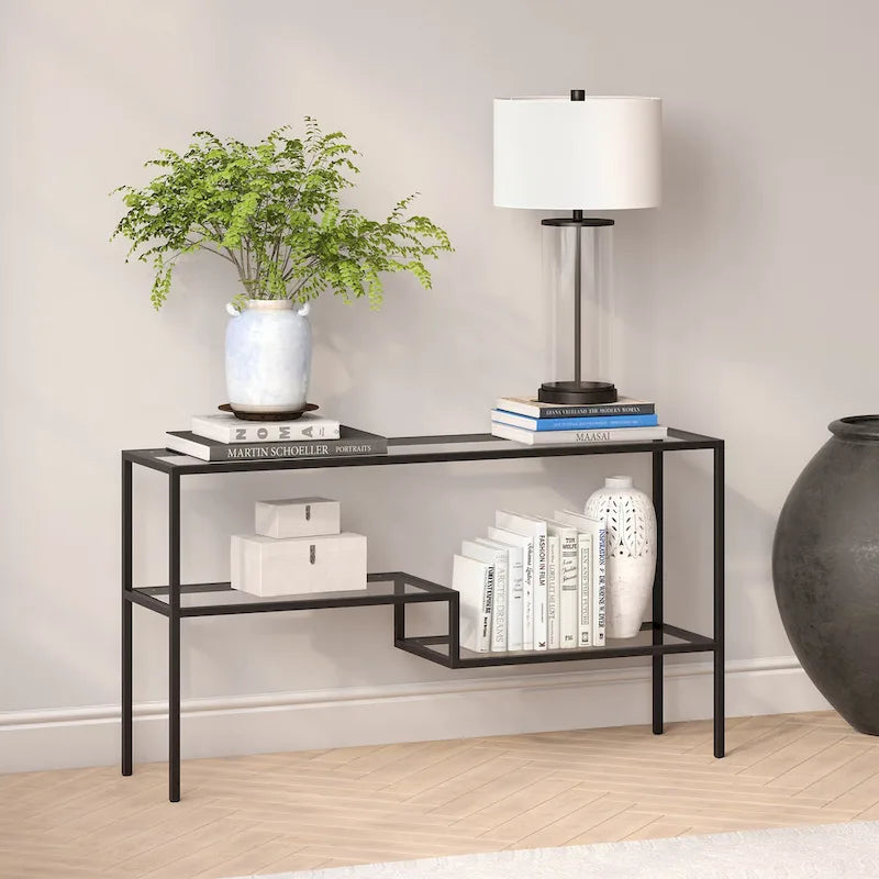 Console en acier moderne bronze noirci / laiton / nickel satiné avec plateau en verre trempé et étagère à 2 niveaux – Unité unique