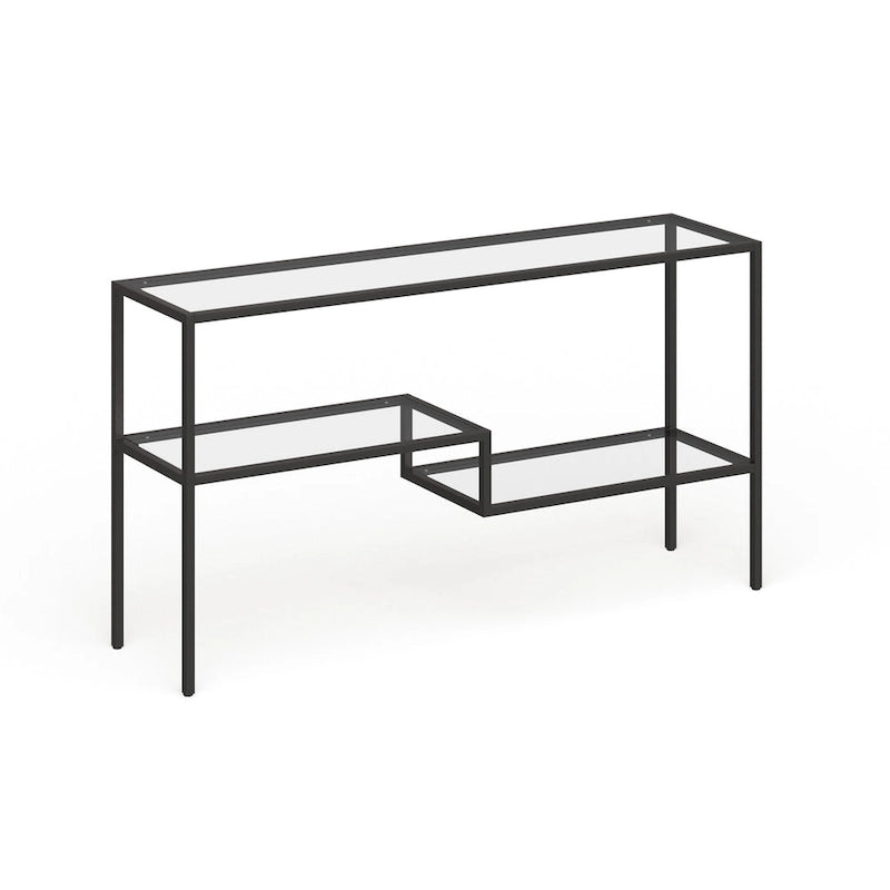 Console en acier moderne bronze noirci / laiton / nickel satiné avec plateau en verre trempé et étagère à 2 niveaux – Unité unique