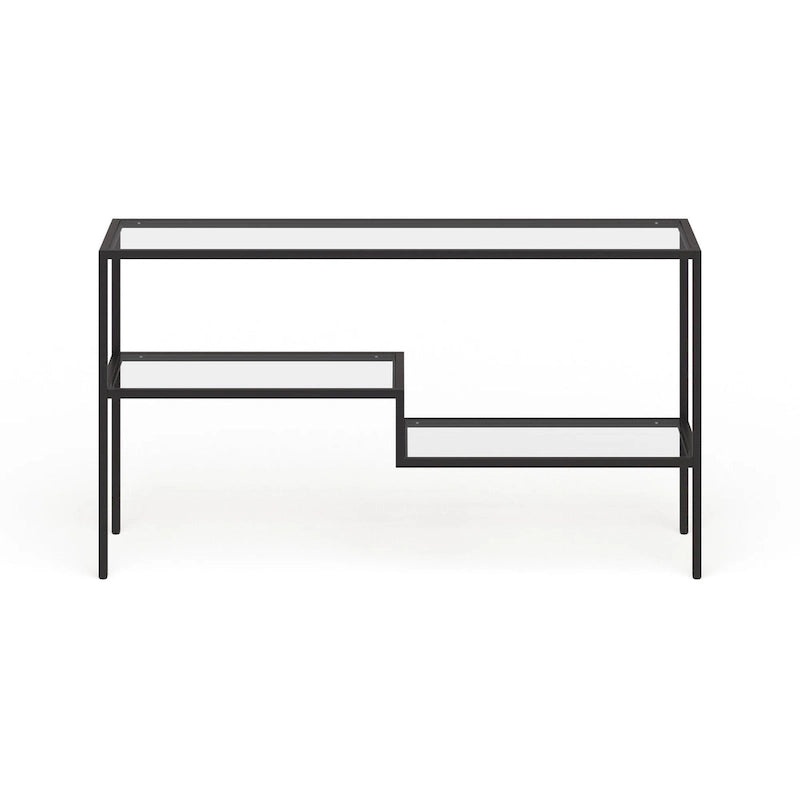 Console en acier moderne bronze noirci / laiton / nickel satiné avec plateau en verre trempé et étagère à 2 niveaux – Unité unique
