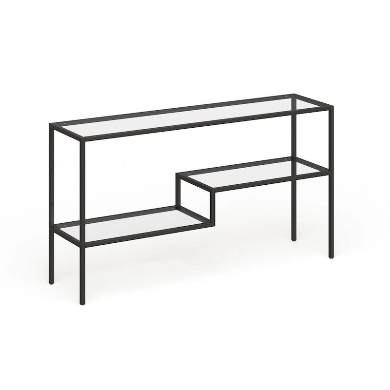 Console en acier moderne bronze noirci / laiton / nickel satiné avec plateau en verre trempé et étagère à 2 niveaux – Unité unique