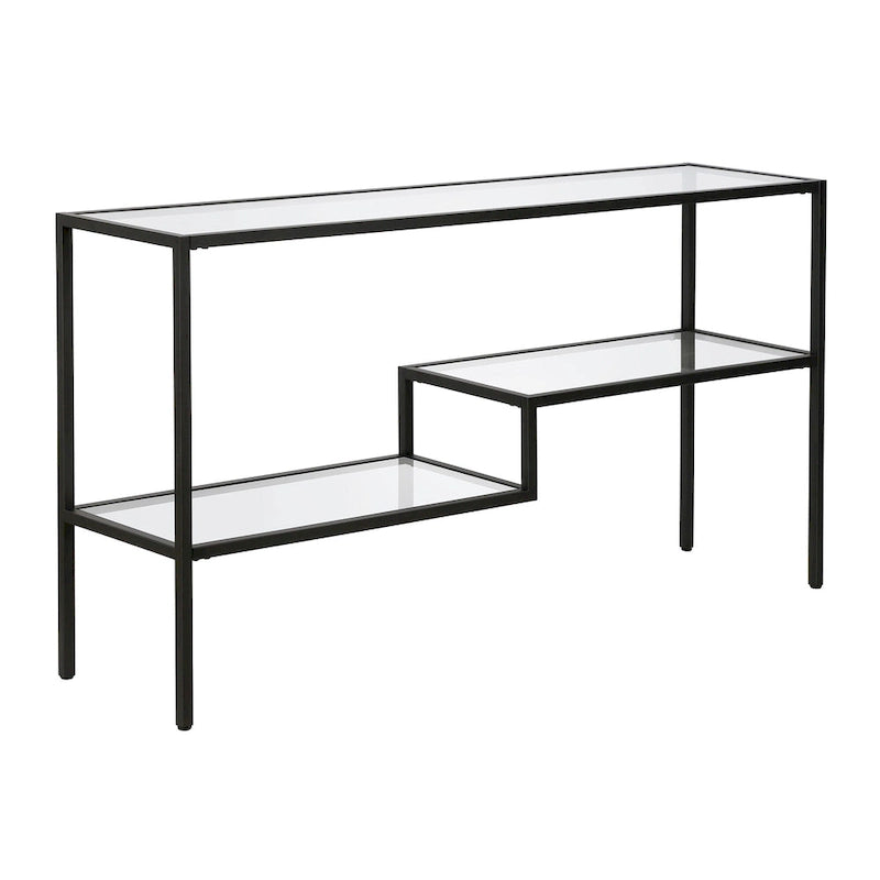 Console en acier moderne bronze noirci / laiton / nickel satiné avec plateau en verre trempé et étagère à 2 niveaux – Unité unique