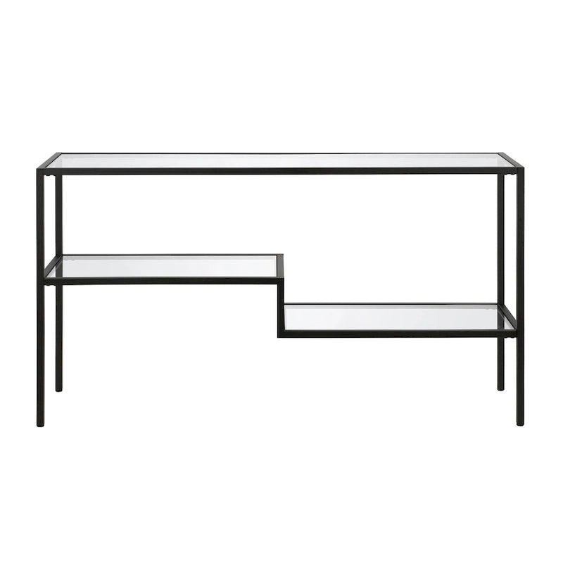 Console en acier moderne bronze noirci / laiton / nickel satiné avec plateau en verre trempé et étagère à 2 niveaux – Unité unique
