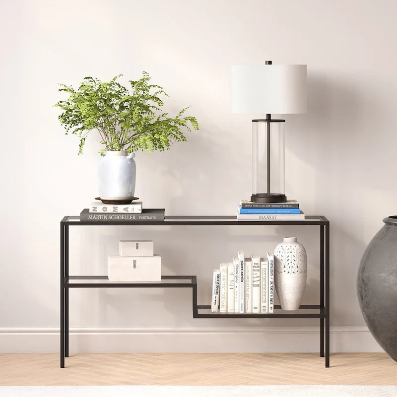 Console en acier moderne bronze noirci / laiton / nickel satiné avec plateau en verre trempé et étagère à 2 niveaux – Unité unique