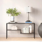 Console en acier moderne bronze noirci / laiton / nickel satiné avec plateau en verre trempé et étagère à 2 niveaux – Unité unique