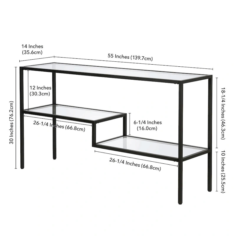 Console en acier moderne bronze noirci / laiton / nickel satiné avec plateau en verre trempé et étagère à 2 niveaux – Unité unique