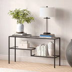 Console en acier moderne bronze noirci / laiton / nickel satiné avec plateau en verre trempé et étagère à 2 niveaux – Unité unique