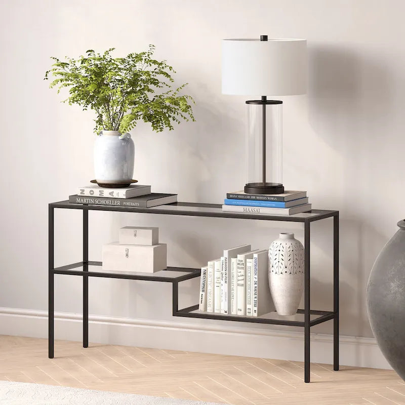 Console en acier moderne bronze noirci / laiton / nickel satiné avec plateau en verre trempé et étagère à 2 niveaux – Unité unique
