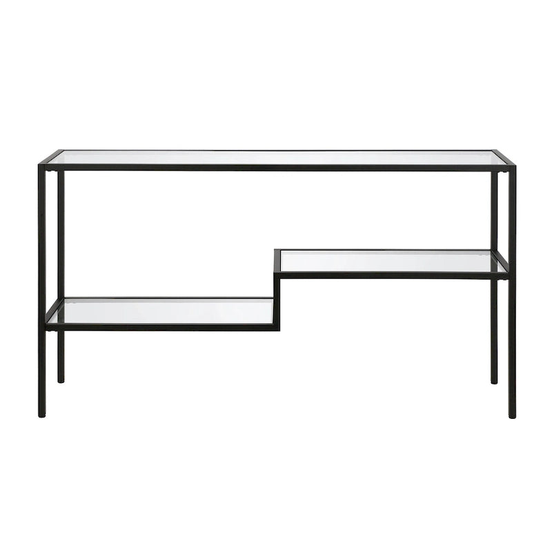 Console en acier moderne bronze noirci / laiton / nickel satiné avec plateau en verre trempé et étagère à 2 niveaux – Unité unique